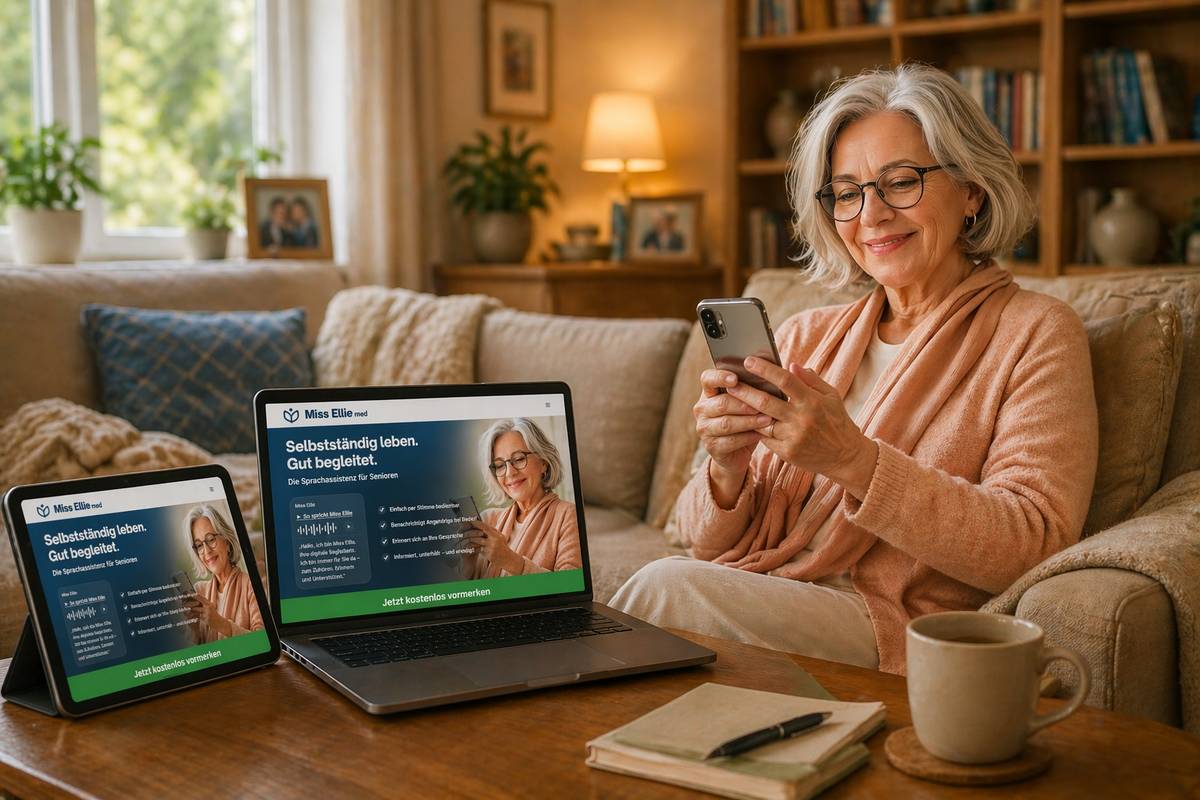 Smartphone, Tablet und Computer in einem schönen Zuhause mit der echten Miss-Ellie-Startseite auf den Bildschirmen.