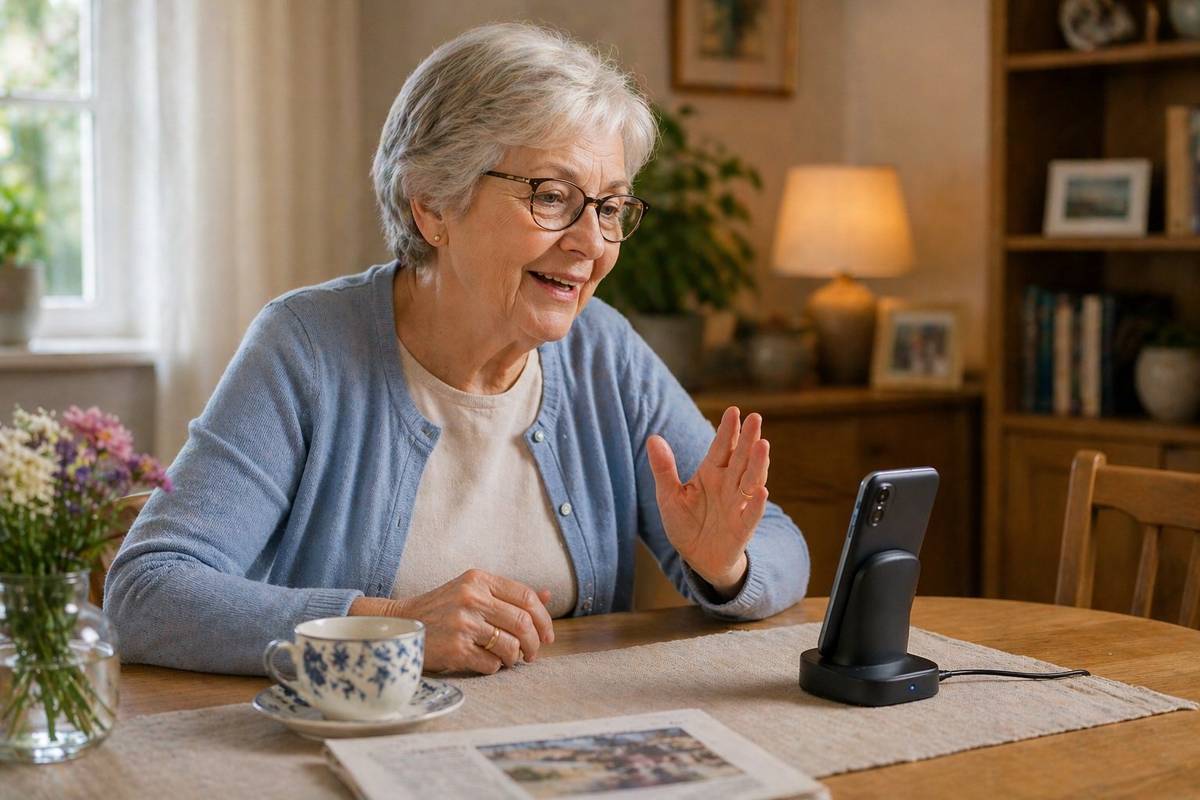 Seniorin spricht entspannt mit einem Smartphone in einer Ladestation am Tisch.